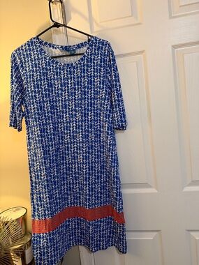 Blue and White Patterned Mini Dress with Red Hem Accent